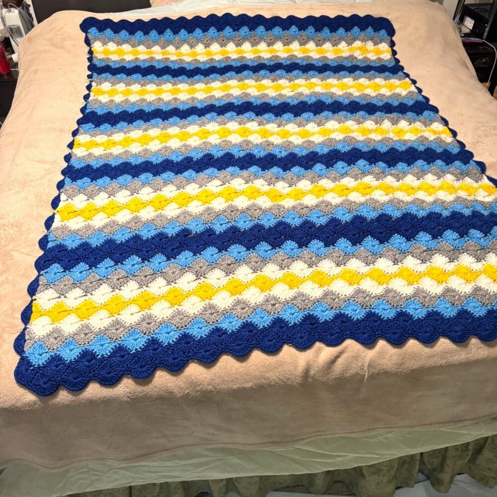 Twilight Shells Throw Blanket Hand Crochet blue yellow white throw blanket 71” x